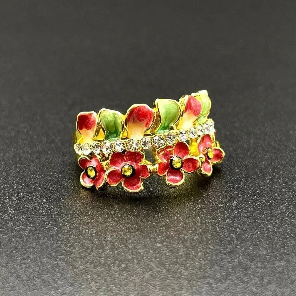Yellow Gold with Citrine and Diamond Crystal Enamel Leaf and Flower Ring Size 6